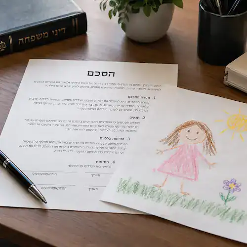 מסמך הסכם על שולחן לצד ציור של ילדה, בהקשר של דיני משפחה והפחתת מזונות